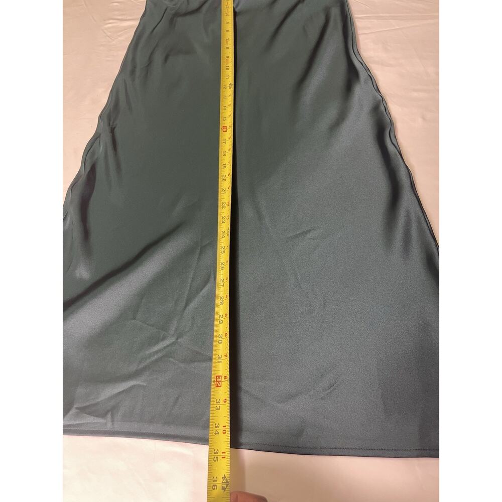 Zara Satin Midi Skirt Green Teal Slip Bias Cut Size L Elastic Waist Minimalist - Picture 8 of 8